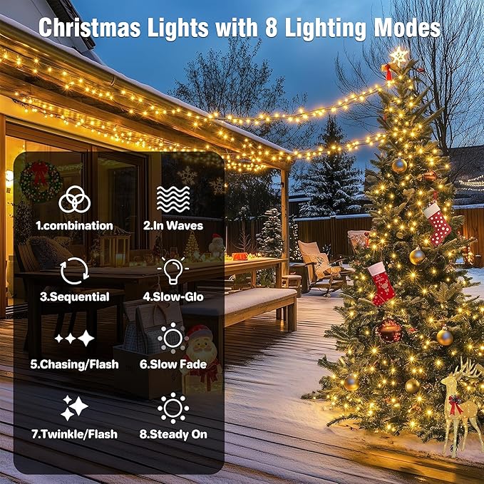 Christmas Lights 33FT 100 LED 8 Modes with Timer Connectable Decorative String Lights for Xmas Tree Patio Party Warm White