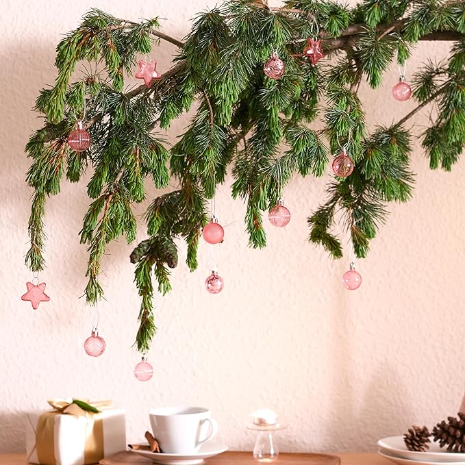 DecorbyHannah Mini Christmas Tree Ornaments, 35ct 1.18inches Pink Christmas Ball Ornaments for Tree Decorations, Small Pastel Clear Shatterproof Plastic Hanging Balls Bulk for Xmas, Party, Wedding