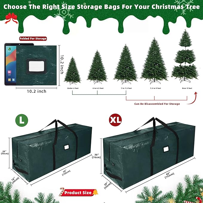 Large Christmas Tree Storage Bags Heavy Duty Tree Bags Holiday Storage Bags Protects From Moisture Or Dust,Alternative To Xmas Tree Storage Box (Green, 7.5 Ft)