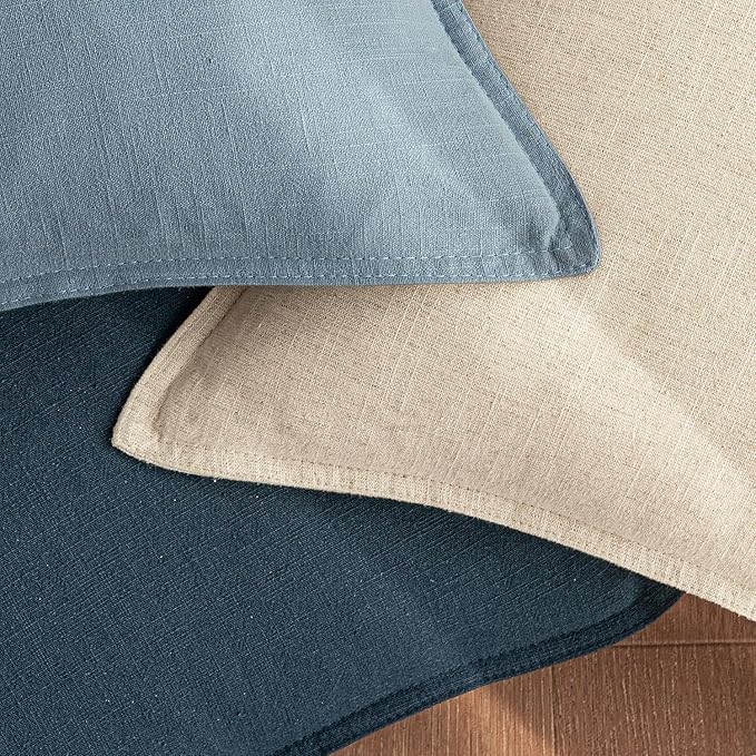 Woaboy 18x18 Inch Set of 2 Decorative Linen Solid Throw Pillow Covers Boho Accent Farmhouse Couch Pillowcases Modern Netural Home Decor for Couch Sofa Living Room Bed,Coastal Blue