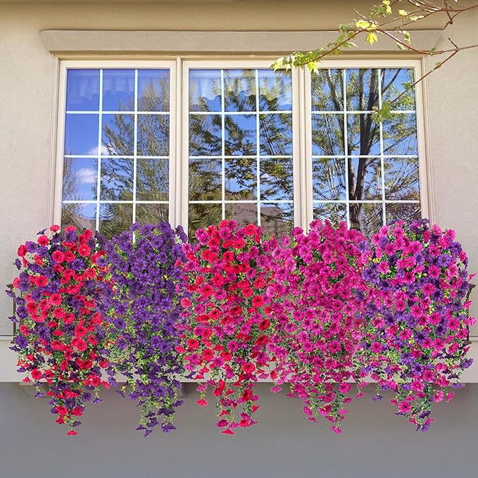 Artificial Hanging Flowers for Outdoor, 2pcs Fake Plants Long Vine Morning Glory Eucalyptus, UV Resistant Realistic Faux Greenery Indoor Outside Patio Porch Garden Spring Summer Decor, Purple Rose