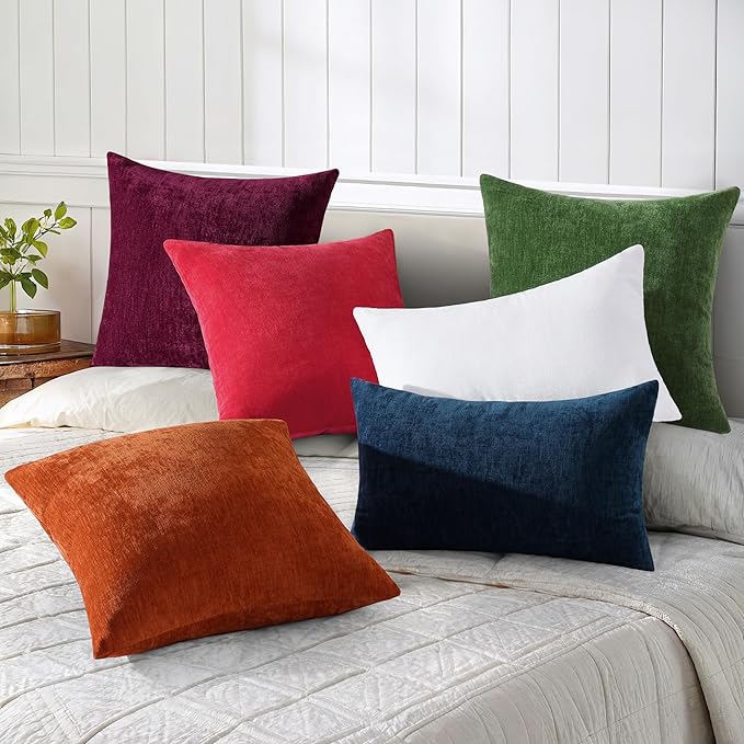 decorUhome Chenille Christmas Red Throw Pillow Covers 18x18 Inch Set of 2, Decorative Soft Couch Pillow Covers Solid Dyed Accent Farmhouse Neutral Square Pillow Cases for Sofa Bed Living Room