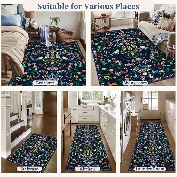 Tangsoo 2x3 Small Area Rug for Entryway, Non Slip Machine Washable Boho Nature Floral Animal Entry Rug, Low Pile Throw Rugs Door Mat Indoor Entrance Floor Carpet for Bedside Kids Room, Kids Room