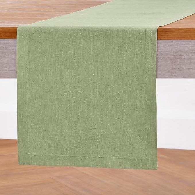 Solino Home Linen Table Runner 108 Inches Long - Athena, 100% Pure Linen Chambray Olive Table Runner 14 x 108 Inch for Dining, Spring, St Patricks Day