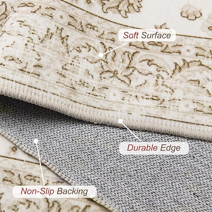 XWZO Runner Rug 2x6ft, Washable Hallway Runner with Non-Slip Backing, Spill Stain Resistant Floor Mat for Entryway Corridor Bedroom Kitchen Living Room, Soft Low-Pile Area Carpet, Beige