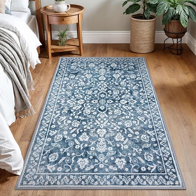 Vintage 3x5 Washable Rug for Entryway, Super Soft Blue and White Entryway Rug Non-Slip, Printed Faux Wool Floral 3x5 Area Rug Thin Floor Carpet for Kitchen, Bedroom, Office, Living Room