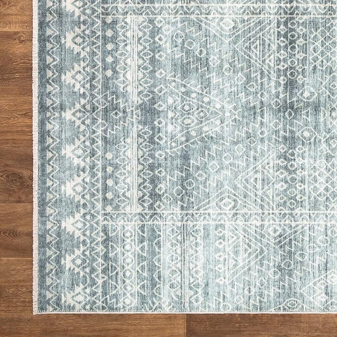 Bloom Rugs Caria Washable Non-Slip 10 ft Runner - Teal/Ivory Geometric Runner for Entryway, Hallway, Bathroom, and Kitchen - Exact Size: 2'6" x 10'