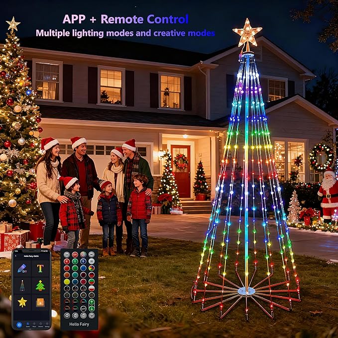 7FT Outdoor Christmas Tree, Star Tree Topper with Removable Bracket, App Control, Sync with Music, Waterfall Colored Lights, 16 Million RGB Colors, IP44 Waterproof, Holiday Christmas Decoration