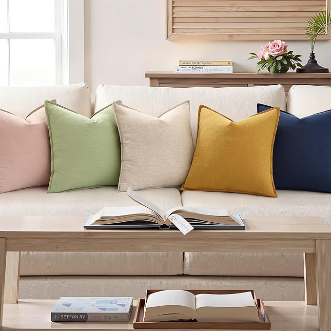 decorUhome Christmas Decorative Linen Throw Pillow Covers 18x18 Inch Set of 2 Natural Beige Soft Pillow Covers with Flange Edges Soft Farmhouse Boho Accent Pillow Cases for Couch Sofa Bed Living Room