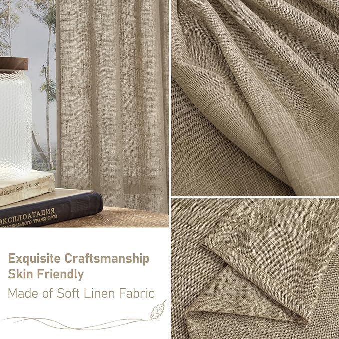 LAMIT Taupe Linen Curtains 24 Inch Length, Semi Sheer Light Filtering Window Panels Back Tab and Rod Pocket Drapes for Basement/Small Windows, 25 x 24 Inch, 2 Panels