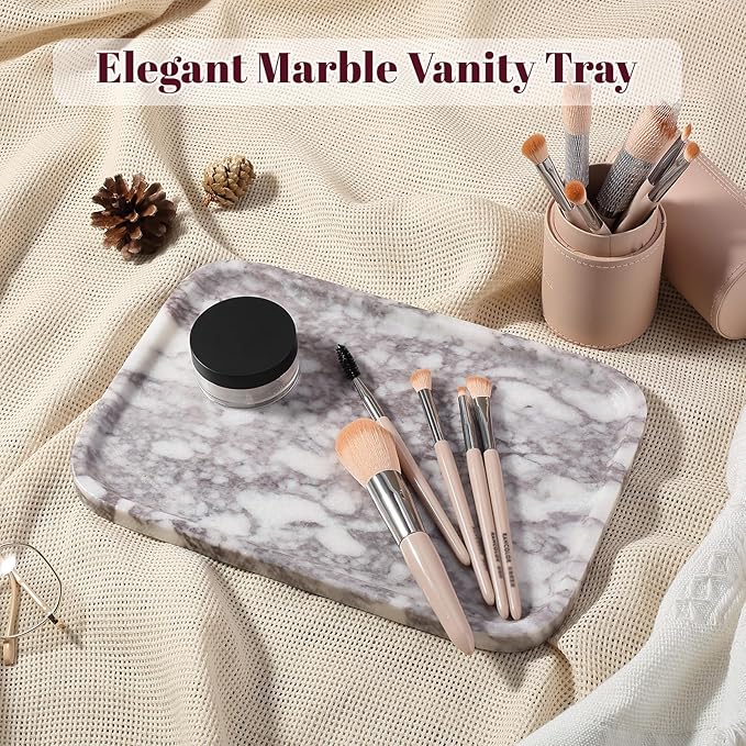 Luxury Marble Vanity Tray, Bathroom Tray Countertop, Calacatta Marble/Stone, Home Decorative Dresser Organizer, Storage for Kitchen Sink, Perfume Jewelry Holder(Purple&White)