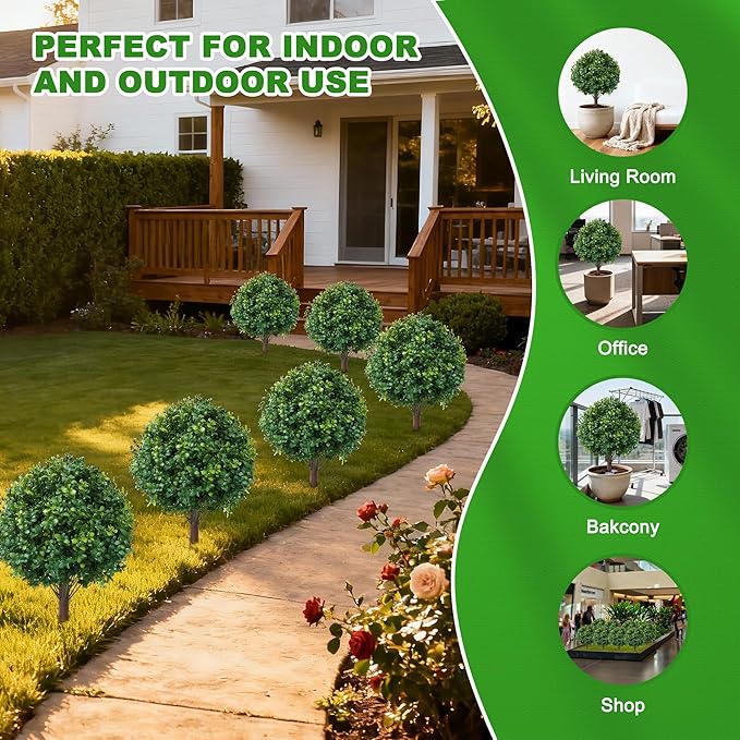 23.6" Artificial Boxwood Topiary Ball Trees, 2 Pack UV Resistant Artificial Plants Outdoor, Boxwood Balls with Ground Spike, Fake Plants for Front Porch Decor, Outdoor, Indoor (Green)