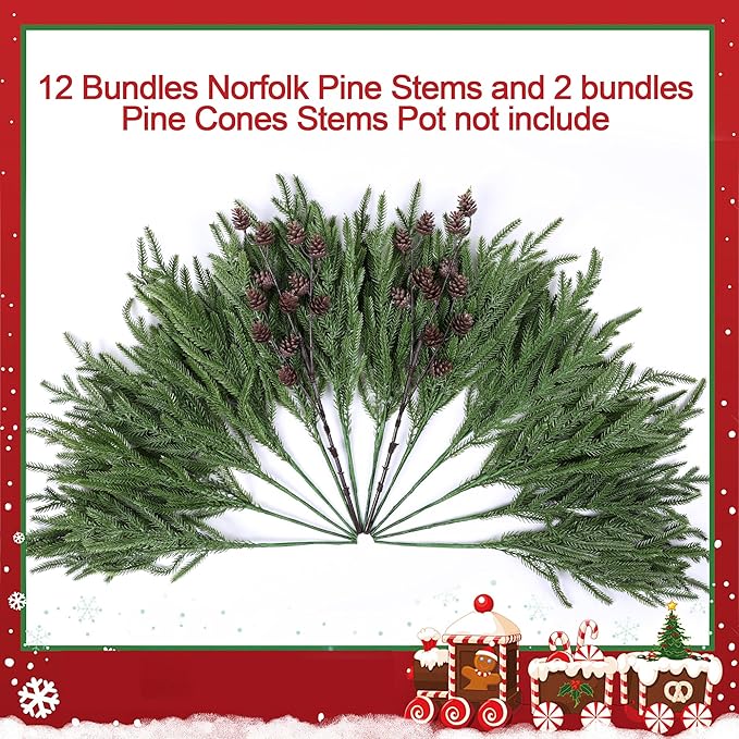 HyeFlora 14 PCS Christmas Norfolk Pine Stems with Small Pine Cones Branches, 19 In Real Touch Artificial DIY Greenery Pine Needles Picks,Xmas Faux Cedar Pine Branche for Vase Indoor Outdoor Home Décor