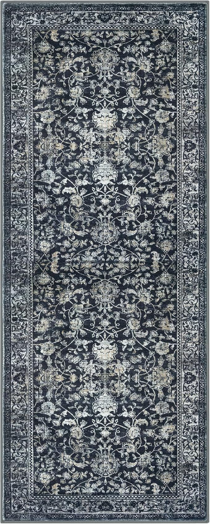 KILOCOCO Hallway Runner 2x5 Rug Runner Printed Vintage Floral Washable Kitchen Runners Non-slip Rubber Backed Runners for Hallways Laundry Room Distressed Boho Rugs for Entryway Bedroom, Navy/Charcoal