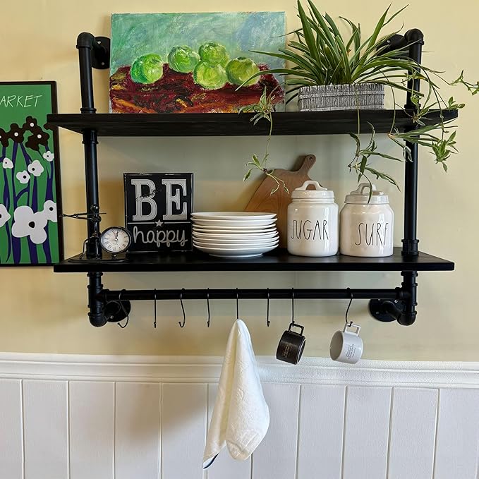 ROGMARS Industrial Pipe Shelving Pine Wood Floating Shelves for Wall, 30 inch Kitchen Wall Mounted Shelves Bathroom Shelves with Towel Bar Coffee Bar Shelf with Hooks for Living Room Bedroom