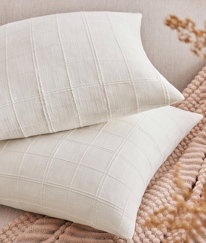 ZeeMart Linen Checked Throw Pillow Covers Set of 2, 22x22 Inch Allover Grid Ivory, Farmhouse Decorative Double Sided Grid Embroidered Couch Pillow Cases Off White Cotton Linen Cushion Covers