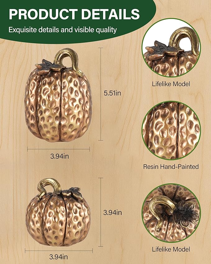 Gold Resin Pumpkin Figurines Set of 2 – Textured Fall Harvest Decorations for Table Centerpiece Thanksgiving Décor, Autumn Home Accents (Gold)