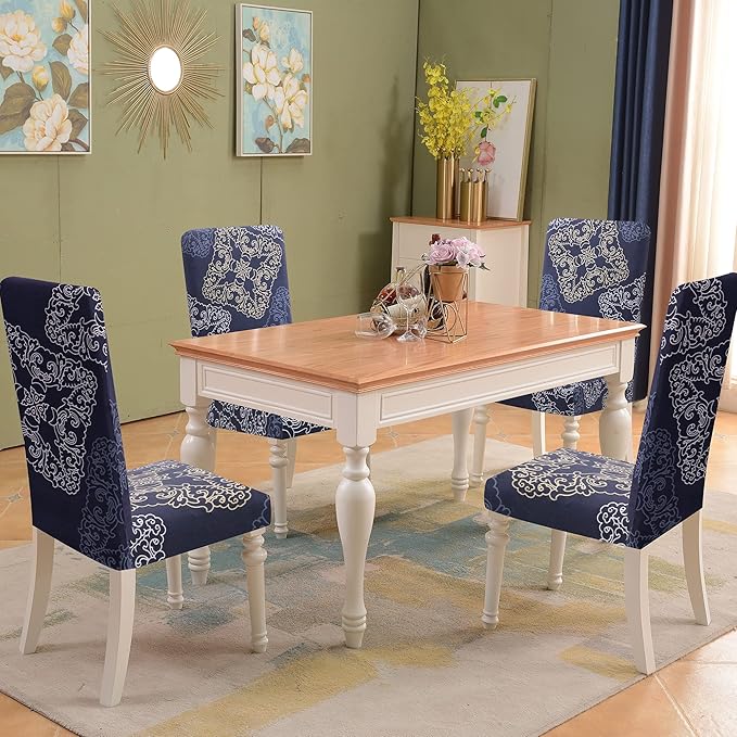 Sufdari Dining Chair Covers,Kitchen Chair Cover,Parsons Chair Slipcover,Spandex Chair Protectors for Dining Room Stretch Chairs Cover Set of 6 -Blue Geometric