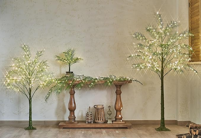 LITBLOOM Lighted Palm Garland with Timer 6FT 120 LED Fairy Lights, Greenery Garland Battery Operated or USB Plug in for Summer Christmas Fireplace Mantle Decoration Inside