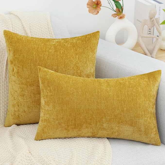 decorUhome Chenille Mineral Yellow Christmas Throw Pillow Covers 26x26 Inch Set of 2, Decorative Soft Couch Pillow Covers Solid Dyed Accent Farmhouse Neutral Square Pillow Cases for Sofa