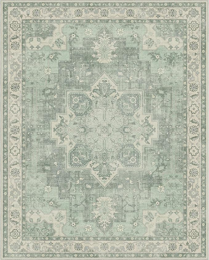 GENIMO 8x10 Area Rugs for Living Room, Machine Washable Non Slip Vintage Rugs, Low Pile Lightweight Chenille Print Rug for Bedroom, Dining Room, Home Office, Light Green