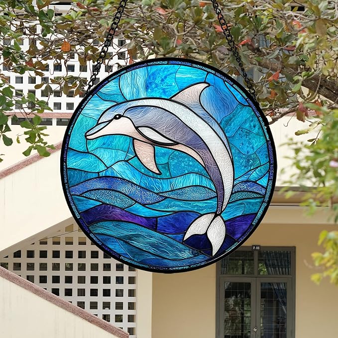 Stained Glass Suncatcher, Blue Ocean Dolphin Sun Catcher Marine Life Stain Glass Indoor Window Hanging Decoration Mother's Day Birthday Gifts for Women Men Mom and Nana 7.8 in