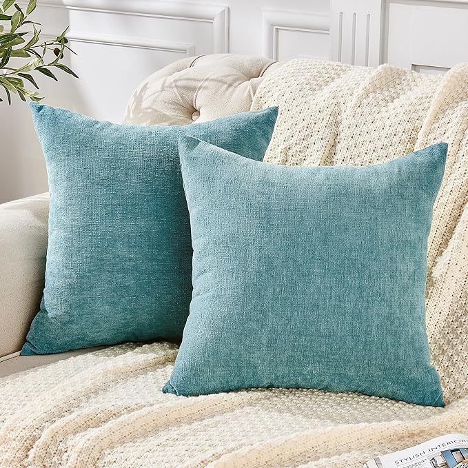 GAWAMAY Decorative Chenille Throw Pillow Covers 24x24 Inch Pack of 2, Soft Square Couch Pillow Cover for Sofa Cushion Living Room Bedroom Solid Dyed Pillowcases Smoke Blue 60x60cm (ONLY Covers)