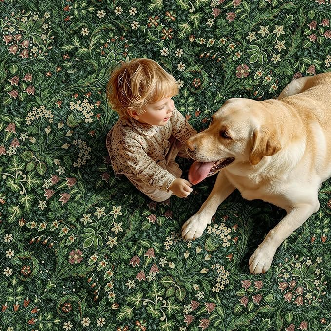 Woaboy Washable 5x8 Area Rug for Living Room Bedroom Dining Room Office, Non-Slip Low Pile Stain Resistant Soft Carpet for Vintage Christmas Floral Oriental Home Decor Grass Green