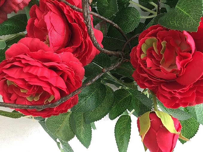 Huashen 24 Inch Blossom Cabbage Rose Wreath, Flame Red & Burgundy Flower Ivy, Everyday Farmhouse Wreath for Festival Celebration, Front Door, Wall, Window Hanging