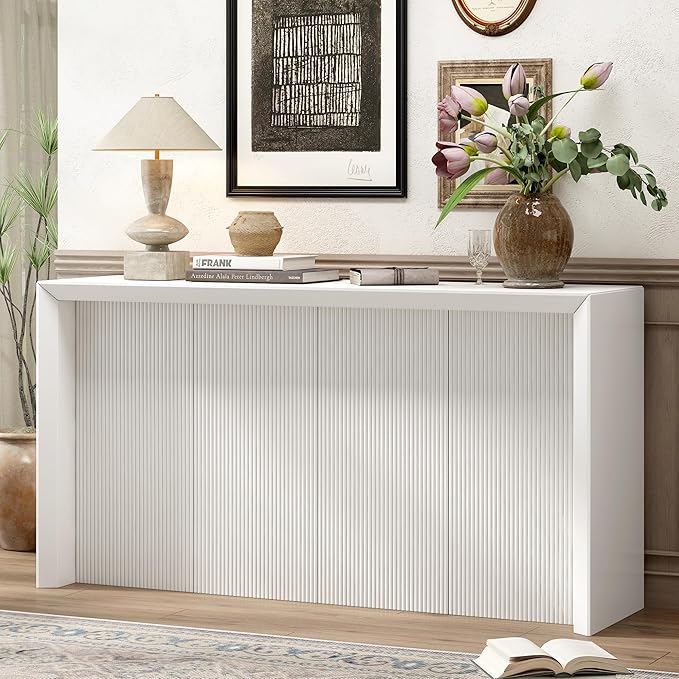Minimalist 60'' Long Console Table Sofa Table, Unique Versatile Acacia Wood Accent Entryway Table for Hallway Living Room Study Foyer Corridor, Wave Finish Design (Beige-N6)