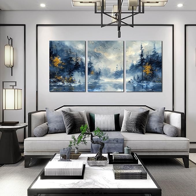 SIXTTART Tree Pictures Wall Decor Bedroom - Blue Wall Art for Living Room - Large 3 Piece Canvas Wall Art for Office Size 24" x 36"