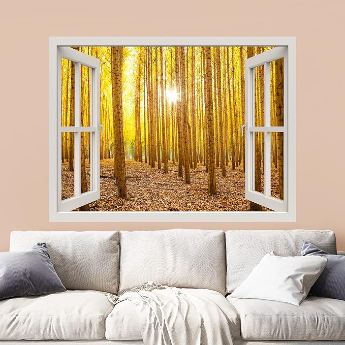 wall26 Removable Wall Sticker/Wall Mural Window View Yellow Vibrant Autumn Sunlight Forest Wilderness Nature Photography Realism Rustic Landscape Colorful for Living Room, Bedroom, Office - 24"x32"