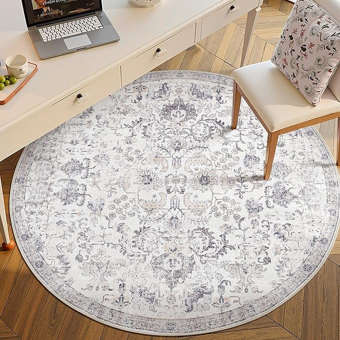 jinchan Kalen Round Rug 6ft Area Rug Washable Vintage Indoor Retro Floor Cover Distressed Gray Floral 6' Round Circle Boho Non Slip Thin Carpet for Living Room Dining Room Bedroom Kitchen Grey