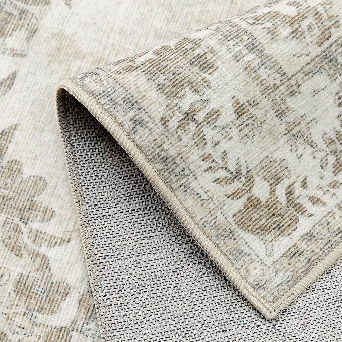 3x5 Area Rug Beige Washable Office Vintage Distressed Carpet Bedroom Indoor Medallion Floral Living Room Non Slip Retro Throw Floor Mat for Dining Room Kitchen Bathroom