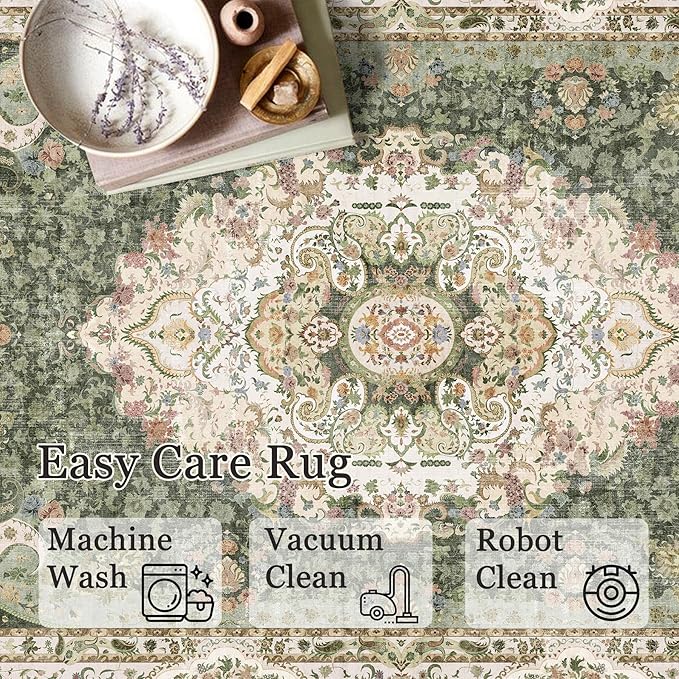 Green Round Rug 4ft,Circle Washable Area Rugs for Bedroom Bathroom Entryway,Boho Vintage Bohemian Distressed Oriental Carpet Non Slip,Sage Floral