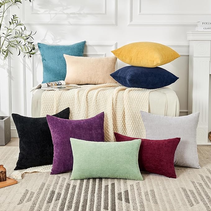 GAWAMAY Decorative Square Throw Pillow Covers 20"x20" Inch Set of 2, Super Soft Chenille Pillows Farmhouse Fall Pillowcase for Living Room Bedroom Sofa Couch Cushion Cover Black 50x50cm (No Insert)