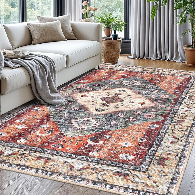 KOZYFLY Boho Area Rug 5x7 Ft Thin Rugs for Living Room Washable Bedroom Rug Non Slip Rugs for Living Room Rust/Orange/Blue Printed Faux Wool Vintage Bedroom Rug Floor Carpet for Dining Room