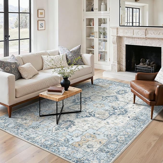 5x7 Area Rugs for Living Room, Machine Washable Rug, Non Slip Vintage Rugs, Low Pile Lightweight Print Rug for Bedroom, Dining Room, Home Office, Blue