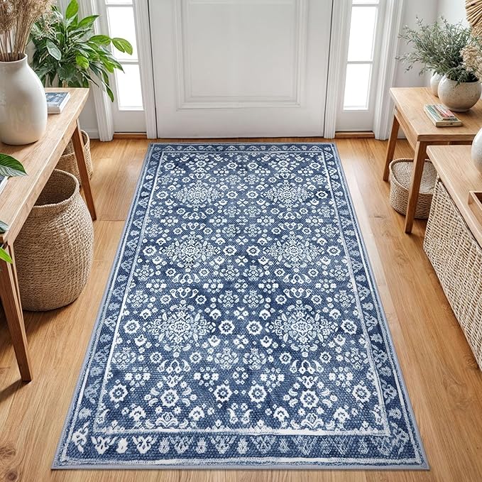 Vintage 3x5 Washable Rug for Entryway, Super Soft Denim Blue White Entryway Rug with Non-Slip, Printed Faux Wool Floral3x5 Area Rug Thin Floor Carpet for Kitchen, Bedroom, Living Room