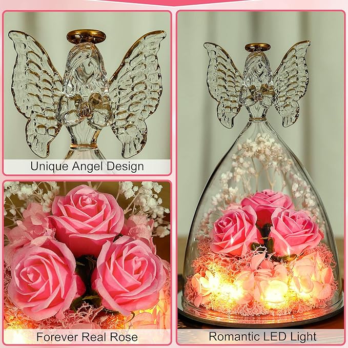 Mothers Day Mom Gifts for Women Preserved Flowers in Glass Angel Forever Flowers Gifts Eternal Roses Gifts for Grandma - Pink