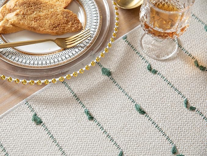 Caflife Boho Table Runner 90 Inchs Long for Modern Farmhouse Room Home Decor, Green and Beige Coffee Table Runner, Natural Cotton Woven with Tassels Neutral, for Kitchen Dining Table Decor
