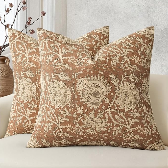 Vintage Floral Print Throw Pillow Covers 24x24 Set of 2 Neutral Modern Farmhouse Pillowcases Accent Decorative Cushion Covers Boho Home Decor for Couch Sofa Chair Bed Living Room, Cognac