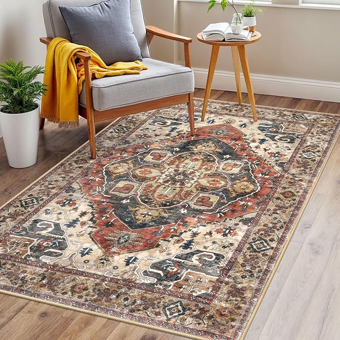 3x5 Washable Area Rug for Entryway, Terracotta Soft Boho Rug with Non-Slip, Low-Pile Vintage Floor Area Rugs for Living Room Bedroom Dining, Dorm Carpet with Non-Shedding