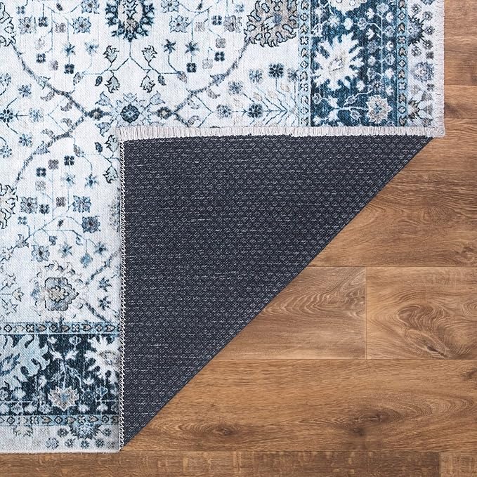 Bloom Rugs Caria Washable Non-Slip 6x9 Rug - Navy Blue Traditional Bordered Area Rug for Living Room, Bedroom, Dining Room, and Kitchen - Exact Size: 6' x 9'