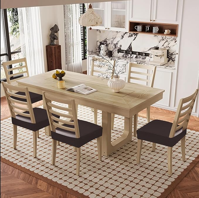Smiry Waterproof Seat Covers for Dining Room Chairs Set of 4, Stretch Jacquard Removable Washable Chair Seat Slipcovers Protector, No Rear Covers, Brown