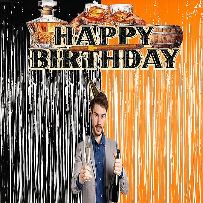 BRAVESHINE 1 Black 1 Orange Tinsel Photo Backdrop Curtains - 3.2x8.2ft Foil Fringe Streamer Curtain for Birthdays, Halloweens, Graduations, Pumpkin, Home, Indoor or Outdoor Party Supplies Decorations