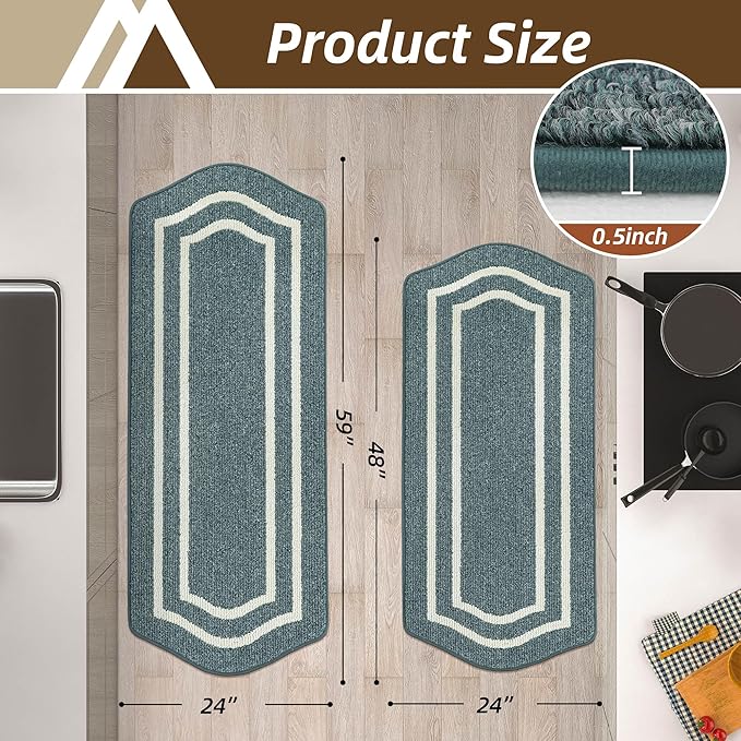 COSY HOMEER Kitchen Rugs and Mats Sets of 2PCS Non Slip Kitchen Mats for Floor Washable Kitchen Runner Stain Resistant Standing Mat for Kitchen,Sink,24"x48"+24"x59",Lake Blue