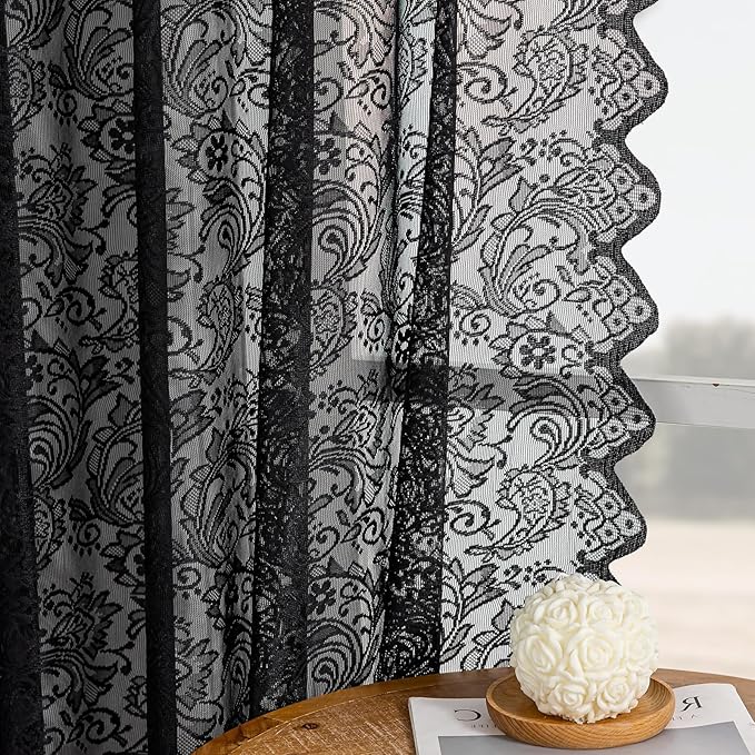Black Lace Sheer Curtains – Vintage Floral Lace for Bedroom/Living Room, Halloween Curtains Gothic Privacy Light Filtering Rod Pocket Window Drapes, 52W x 96L Inch, 2-Panel Set