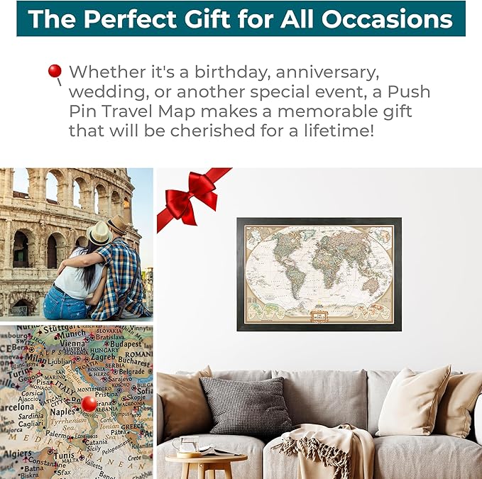 Canvas Executive World Map Pin Board – Framed Travel Map with Pins for Wall – Personalized Push Pin World Map for Tracking Journeys – 27.5" x 39.5" Rustic Black Frame