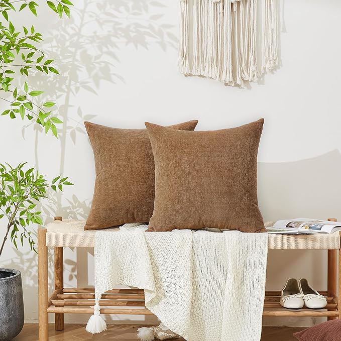 GAWAMAY Decorative Square Throw Pillow Covers 18"x18" Inch Set of 2, Super Soft Chenille Pillows Cover Fall Pillowcase for Living Room Bedroom Sofa Couch Cushion Cover Brown 45x45cm (No Inserts)